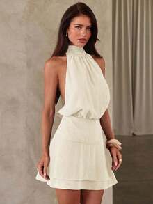 Vestido de mujer sexy y elegante con cuello halter, cintura fruncida de gasa - Albaricoque - Ver 5