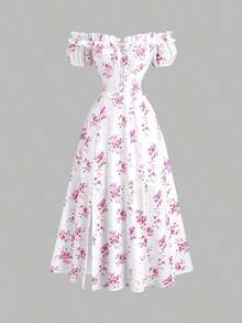 Vestido de mujer con estampado floral ditsy, hombros descubiertos, volantes en el bajo y abertura lateral - Rosa - Ver 5