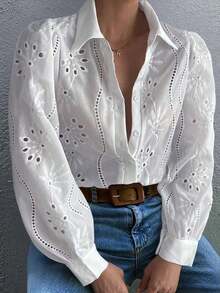 Blusa blanca de mujer, blusa blanca de manga larga con empuñadura de unicolor bordada, adecuada para uso diario, viajes, Día de la Madre, cumpleaños y fiestas en la playa - Blanco - Ver 2