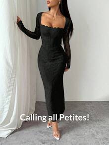 PETITE Vestido maxi negro ajustado de cuello cuadrado con copa de pecho, mangas largas de encaje con forma de S y escote sexy para fiesta de verano, cita y noche - Negro - Ver 8