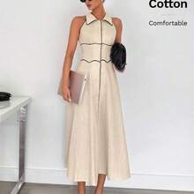 Women's 100% Cotton Shirt Collar Sleeveless Contrast Trim Flared Midi Dress, Ladies Linen Clothing Elegant Summer Evening Dress Formal - Camel - Ver 3