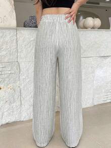 Pantalones largos casuales de mujer de unicolor con cordón en la cintura - Gris Claro - Ver 2