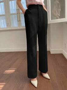 Pantalones casuales de mujer con bolsillo delantero liso, estilo casual de negocios, pantalones de vestir de mujer de talle bajo - Negro - Ver 5