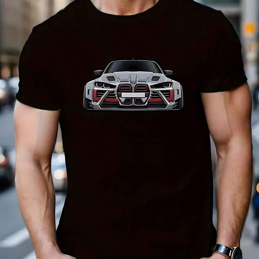 Camiseta casual y elegante masculina y femenina, camiseta de impresión de coche fresca para deportes y ejercicio - Negro - Ver 1