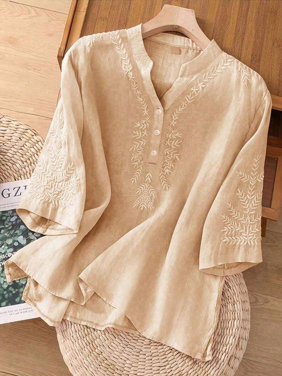 Blusa de lino holgada, informal, con bordado asimétrico de unicolor para primavera y verano para mujer - Albaricoque - Ver 1