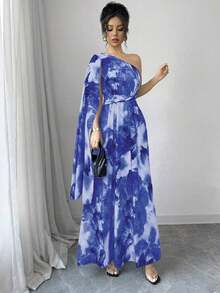 Vestido elegante de talle alto con hombro asimétrico, abertura lateral y estampado aleatorio, estilo fashionable para vacaciones - Azul - Ver 5