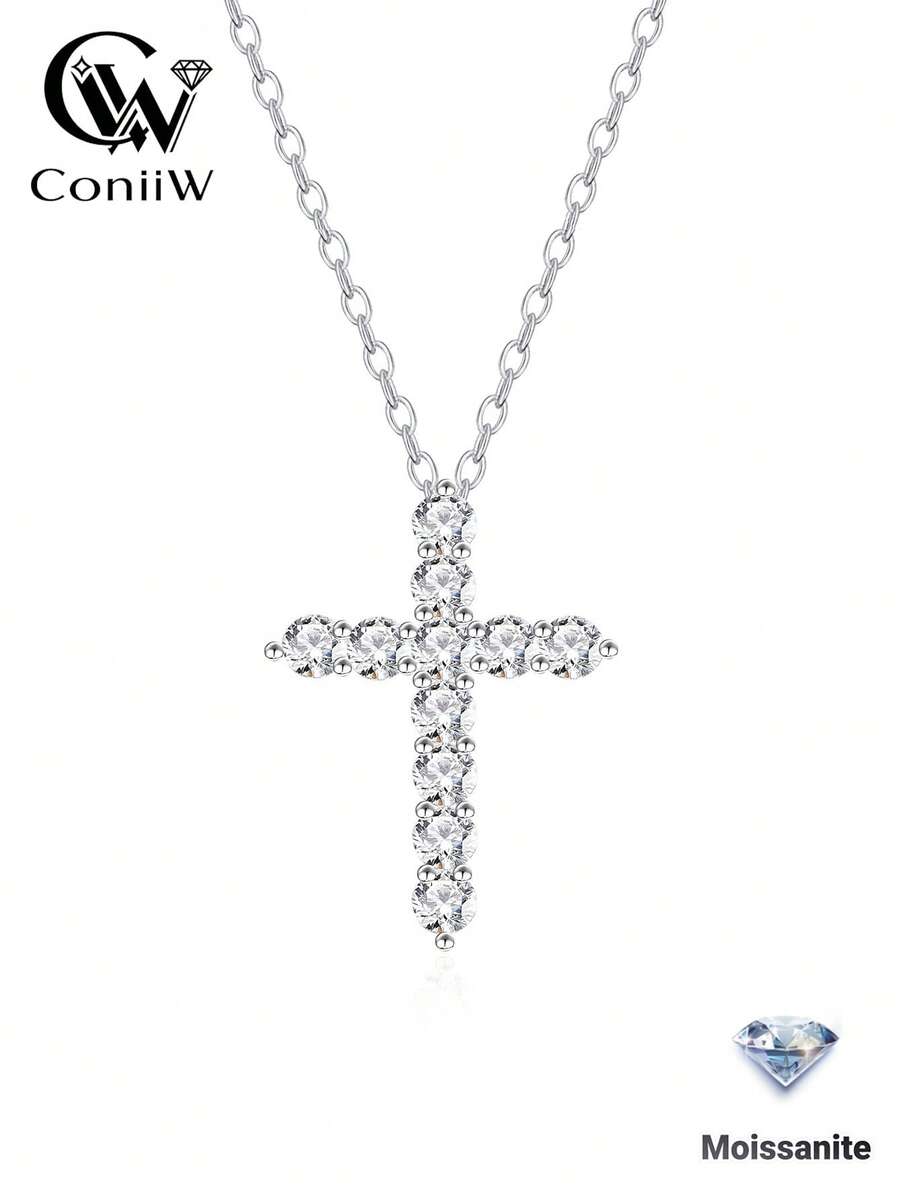 ConiiW 925纯银1.1克拉十字形莫桑石项链，时尚百搭的经典设计，适合秋冬季节及日常佩戴。是婚礼、宴会、约会、派对、圣诞节、感恩节、万圣节、情人节、开学季、婚礼季、生日、周年纪念日、新年等场合的理想礼物。 - 銀色 - 查看 1