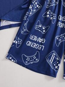 Conjunto de pijama de 2 piezas para niños de verano, azul oscuro minimalista con estampado de mando de juego/letra en blanco, manga corta + pantalones cortos, tela suave, ropa de estar en casa con tema de consola de juegos - Azul Marino - Ver 8