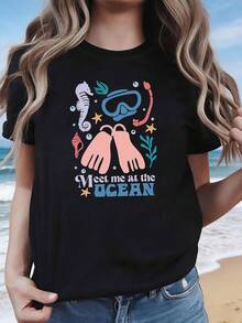 Plus Size Women's Tropical Adventure Style T-Shirt With An Ocean Diving Print That Says "See You At The OAN." Ideal For Beach Vacations, Diving Trips, Summer Parties, Outdoor Activities, And As A Short-Sleeved Top For Work And Photoshoots. - 黑色 - 查看 1