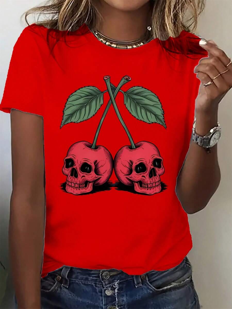 Camiseta Casual Deportiva para Mujer con Estampado de Calavera y Cerezas - [Rojo] - Ver 1