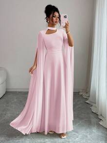 Vestido de noche elegante 2026, cuello redondo hueco manga larga abertura cintura alta con cordón, ideal para eventos y cumpleaños - Rosa Pálido - Ver 1