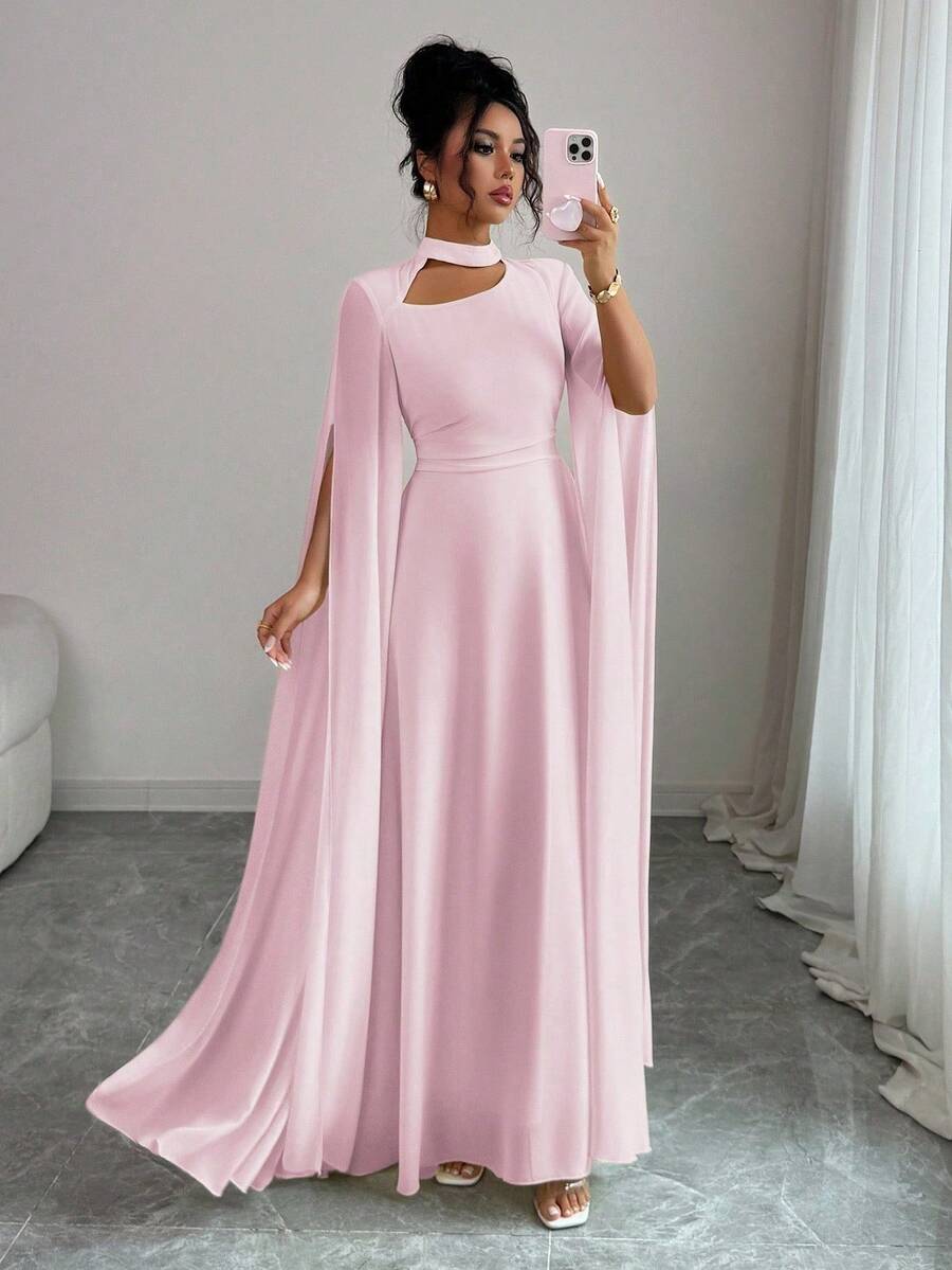 Vestido de noche elegante 2026, cuello redondo hueco manga larga abertura cintura alta con cordón, ideal para eventos y cumpleaños - Rosa Pálido - Ver 1