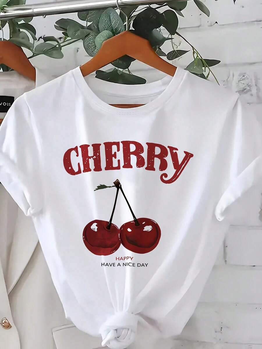 Cherry Print T-Shirt For Spring, Summer And Autumn, Short Sleeve And Round Neck, Casual Women's Clothing, Plus Size T-Shirt--Comfortable And Relaxed Shirt For Leisure Time. - 白色 - 查看 1