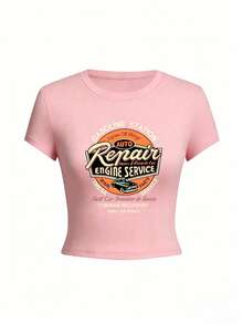 Playera cuello redondo manga corta para mujer, corte ajustado corto súper linda, estampado de letras edición verano, estilo juvenil atractivo ideal para salir y usar diario M0YL - Rosa - Ver 4
