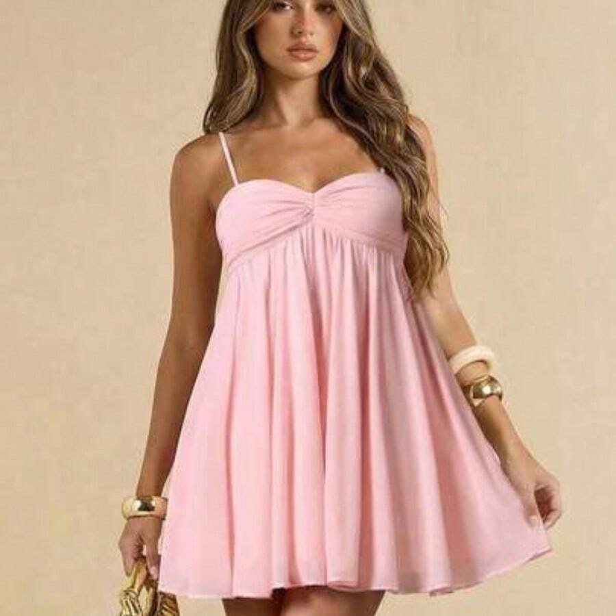 Sleeveless Spaghetti Strap Solid Pink Elegant Sweet Cute Mini Sundress, Mini Dress, Suitable For Romantic Dates, Parties, Formal Gatherings, Bridesmaid Dresses, Women's Summer Dress, Tea Party Dress, New Year, Valentine's Day, Birthday Mini Dress, Pink Dress, Casual Dress, Summer Dress - Rosa Pálido - Ver 1
