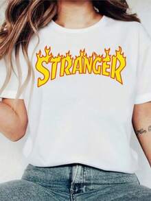 T Shirt Print ,Graphic-Cotton Tees Size Plus, Cartoon Round Neck Short Sleeve, Women's Y2K STRANGER Flame Text T-Shirt - Soft Round Neck Casual Top With Bold Slogan Print, Machine Washable Streetwear Outfit Essential - - Comfortable Tee ,Y2K,Oversized Shirt Women,With Shirt,Summer Tops,Shirt Suitable - 白色 - 查看 1