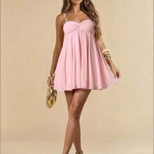 Sleeveless Spaghetti Strap Solid Pink Elegant Sweet Cute Mini Sundress, Mini Dress, Suitable For Romantic Dates, Parties, Formal Gatherings, Bridesmaid Dresses, Women's Summer Dress, Tea Party Dress, New Year, Valentine's Day, Birthday Mini Dress, Pink Dress, Casual Dress, Summer Dress - Celeste - Ver 4