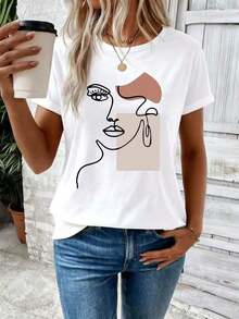 Playera con arte de rostro femenino en línea continua, estilo abstracto y minimalista, ideal para looks chic y modernos. - Blanco - Ver 1