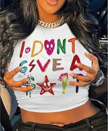 Playera ombliguera corta para mujer estilo Y2K con estampado, diseño estético de hada y rockero, manga corta ligera para verano, ropa juvenil súper de moda ideal para chicas adolescentes, look casual y llamativo para uso diario QGHL - Blanco - Ver 8