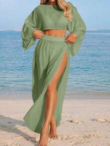 Swim Vcay Conjunto de dos piezas de cubrecuerpo casual de manga larga y abertura para la playa para mujer, color blanco - Verde militar - Ver 3