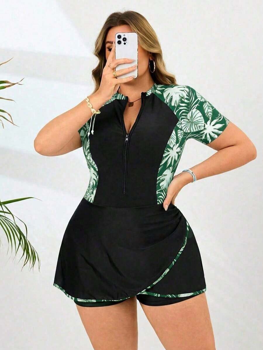Swim Nuevo traje de baño de una pieza elegante, traje de baño informal con estampado de hojas para mujeres de talla grande, traje de baño de una pieza para mujeres de talla grande, conjunto de shorts de dos piezas para mujeres de talla grande, traje de baño de una pieza para mujeres con curvas, conjunto de shorts para mujeres con curvas - Verde - Ver 1