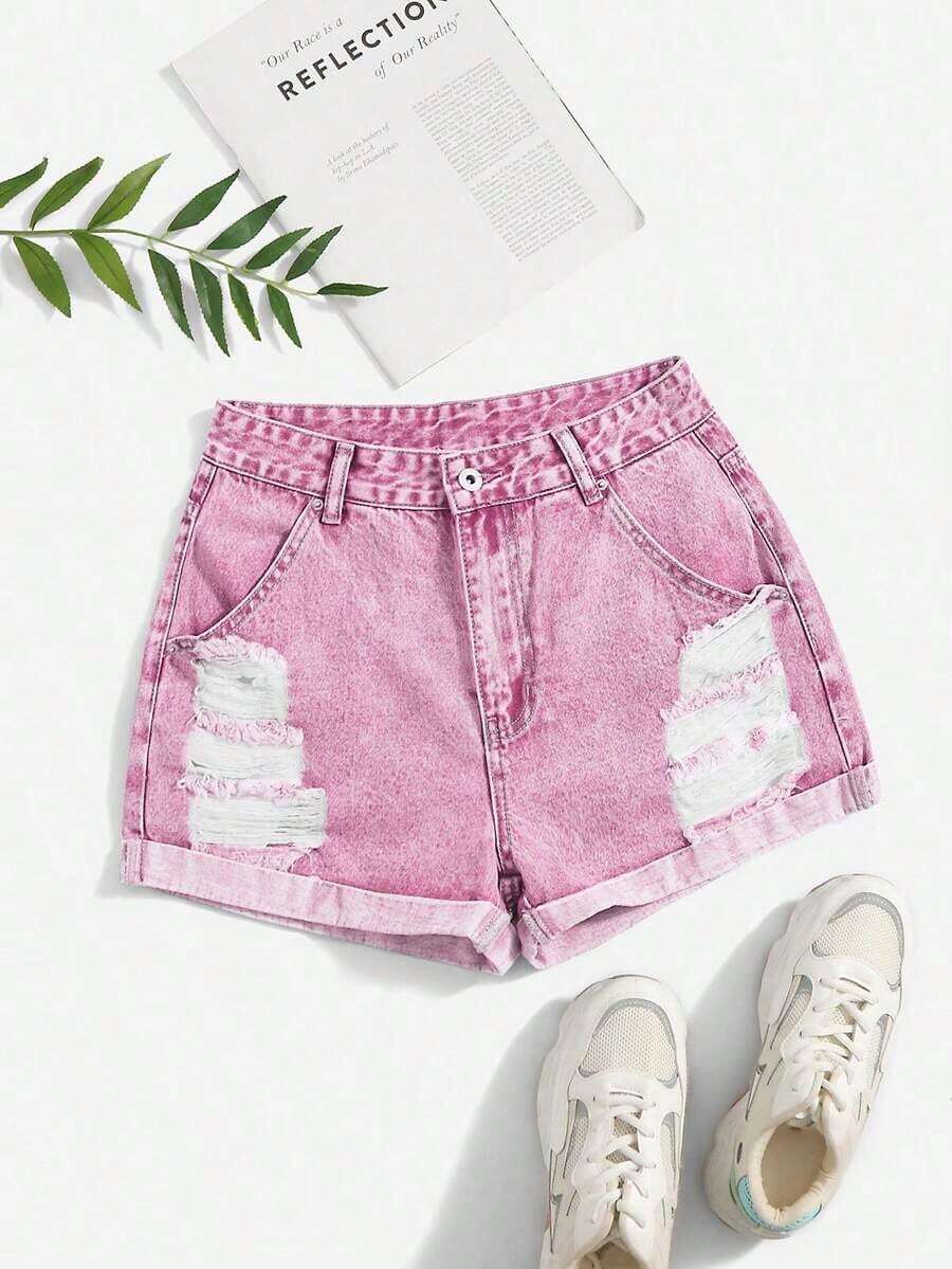 Shorts en mezclilla desgarro crudo bajo de doblez - Rosa - Ver 1