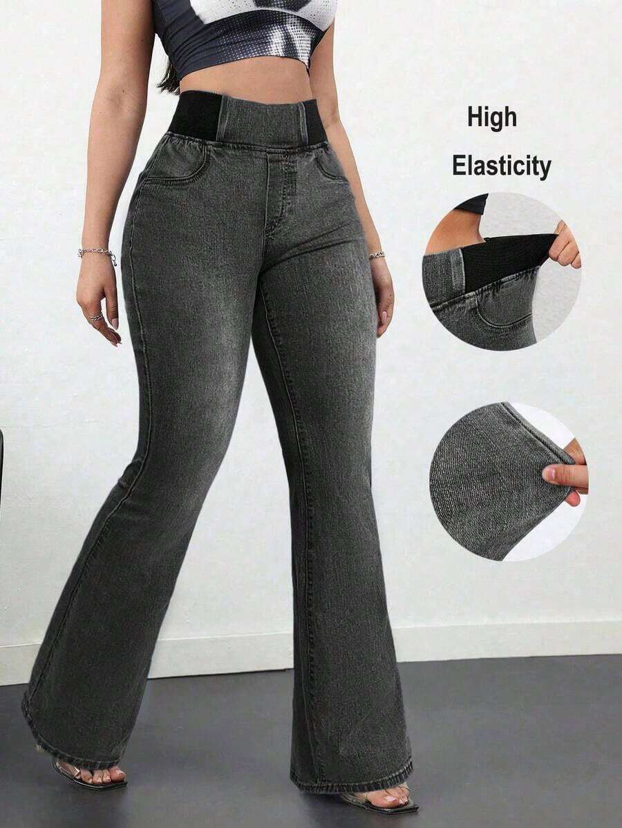 Tall Pantalones vaqueros de mujer casuales, ajustados y elásticos con vuelo, pantalones vaqueros azules ajustados de cintura alta con vuelo para mujeres altas, pantalones vaqueros de verano - Gris Oscuro - Ver 1