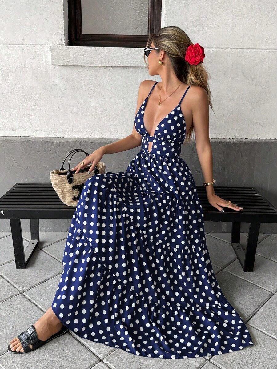 Vestido con dobladillo suelto de parches y corbata al cuello, estilo sencillo y casual para vacaciones para mujeres - Multicolor 3 - Ver 1
