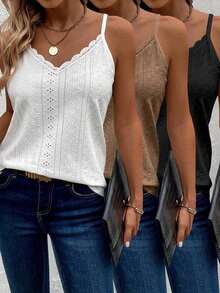 3 piezas Camiseta de mujer de verano casual con encaje calado y textura de punto, top de verano para mujer, top de verano bohemio, top de verano para mujer, top de verano con cuello en V, top de encaje para mujer - Multicolor 2 - Ver 4