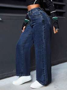PETITE Jeans rectos de pierna suelta y lavados para mujer - Azul lavado oscuro - Ver 6