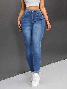 PETITE Jeans De Cintura Alta Para Mujer Ajustados - Azul lavado medio - Ver 6
