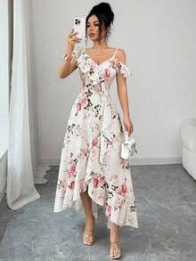 Vestido largo rosa de estilo retro romántico para mujer, con estampado floral, cuello oblicuo, volantes en el bajo e bajo irregular, ideal para vacaciones en la playa, reuniones diarias, citas y fiestas - Albaricoque - Ver 12
