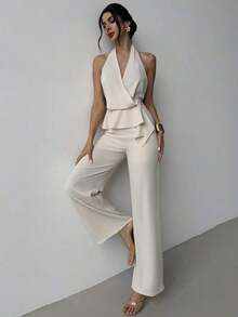 Conjunto de dos piezas de top sin mangas con cuello en V asimétrico elegante y romántico, y pantalones rectos holgados de color caqui, adecuado para verano, playa, vacaciones - Caqui - Ver 3