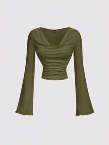Conjunto de camiseta de manga larga ajustada con cuello de volantes, mangas acampanadas y plisadas en 3 colores - Verde militar - Ver 1