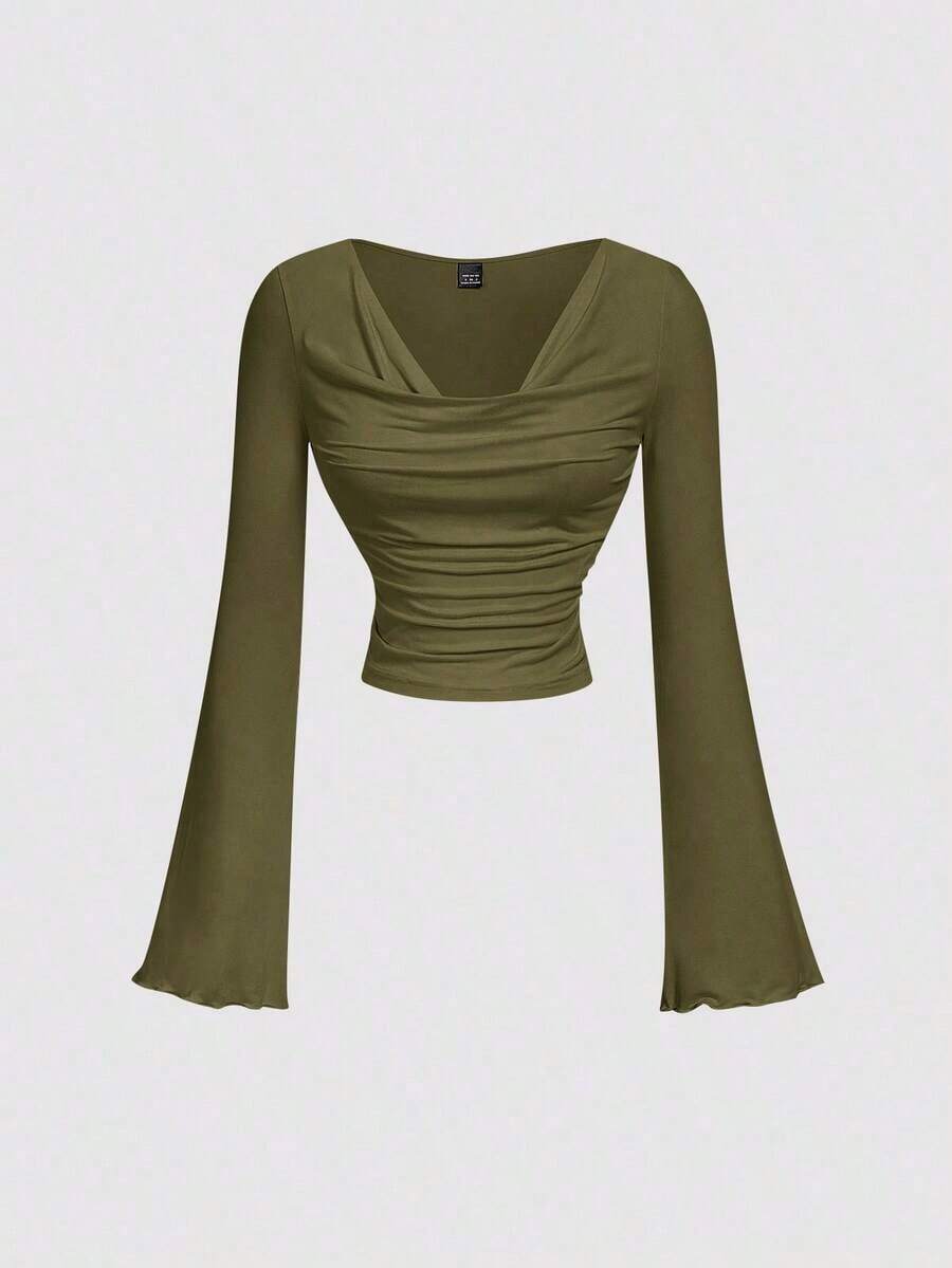 Conjunto de camiseta de manga larga ajustada con cuello de volantes, mangas acampanadas y plisadas en 3 colores - Verde militar - Ver 1