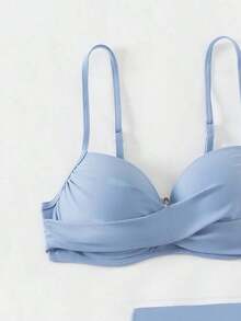 Swim Conjunto de bikini sólido sexy de 3 piezas para mujer con sujetador cruzado y aro, que incluye falda y camisa de cubierta para el verano - Azul - Ver 8