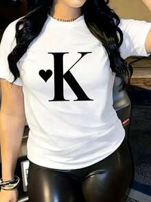 Camiseta con Gráfico de la Letra K - Tejido Casual, Cuello Redondo, Camiseta Deportiva de Manga Corta para Mujer, Ropa de Primavera/Verano - Ajuste Cómodo, 100% Lavable a Máquina - Blanco - Ver 1