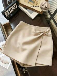 Pantalones cortos de mujer, Faldas de mujer, Pantalones cortos caqui de cintura alta asimétrica con hebilla metálica, estilo casual y versátil, Falda de mujer, Falda-pantalón con dobladillo dividido de doble capa, Vestido y pantalones de mujer co - Caqui - Ver 1