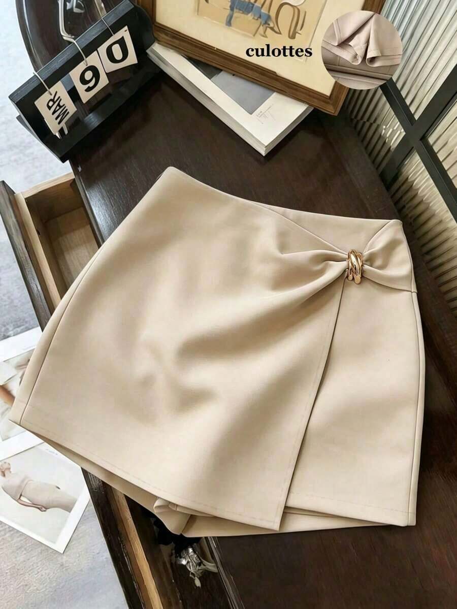 Pantalones cortos de mujer, Faldas de mujer, Pantalones cortos caqui de cintura alta asimétrica con hebilla metálica, estilo casual y versátil, Falda de mujer, Falda-pantalón con dobladillo dividido de doble capa, Vestido y pantalones de mujer co - Caqui - Ver 1