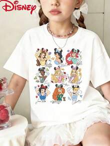 Disney Princess Girls' Short Sleeve T-Shirt, 2-14Y, Featuring Belle Jasmine Ariel Tiana Aurora Rapunzel Snow White Merida Cinderella With Mickey Ears, Cute Character Signatures Print, Casual Summer Tee For Kids, Great For Birthday, Party, School & Daily Wear, Express Delivery - 白色 - 查看 1