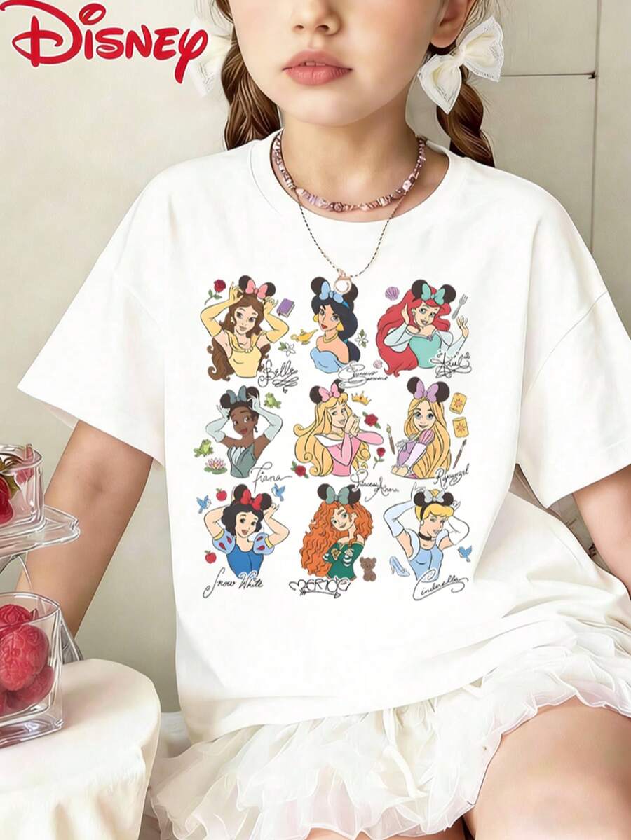 Disney Princess Girls' Short Sleeve T-Shirt, 2-14Y, Featuring Belle Jasmine Ariel Tiana Aurora Rapunzel Snow White Merida Cinderella With Mickey Ears, Cute Character Signatures Print, Casual Summer Tee For Kids, Great For Birthday, Party, School & Daily Wear, Express Delivery - 白色 - 查看 1
