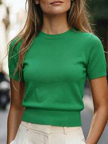 Blusa de punto de manga corta de unicolor y estilo minimalista, para uso diario - Verde - Ver 1