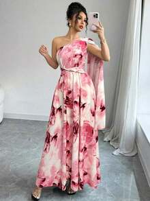 Vestido elegante de talle alto con hombro asimétrico, abertura lateral y estampado aleatorio, estilo fashionable para vacaciones - Rosa - Ver 7