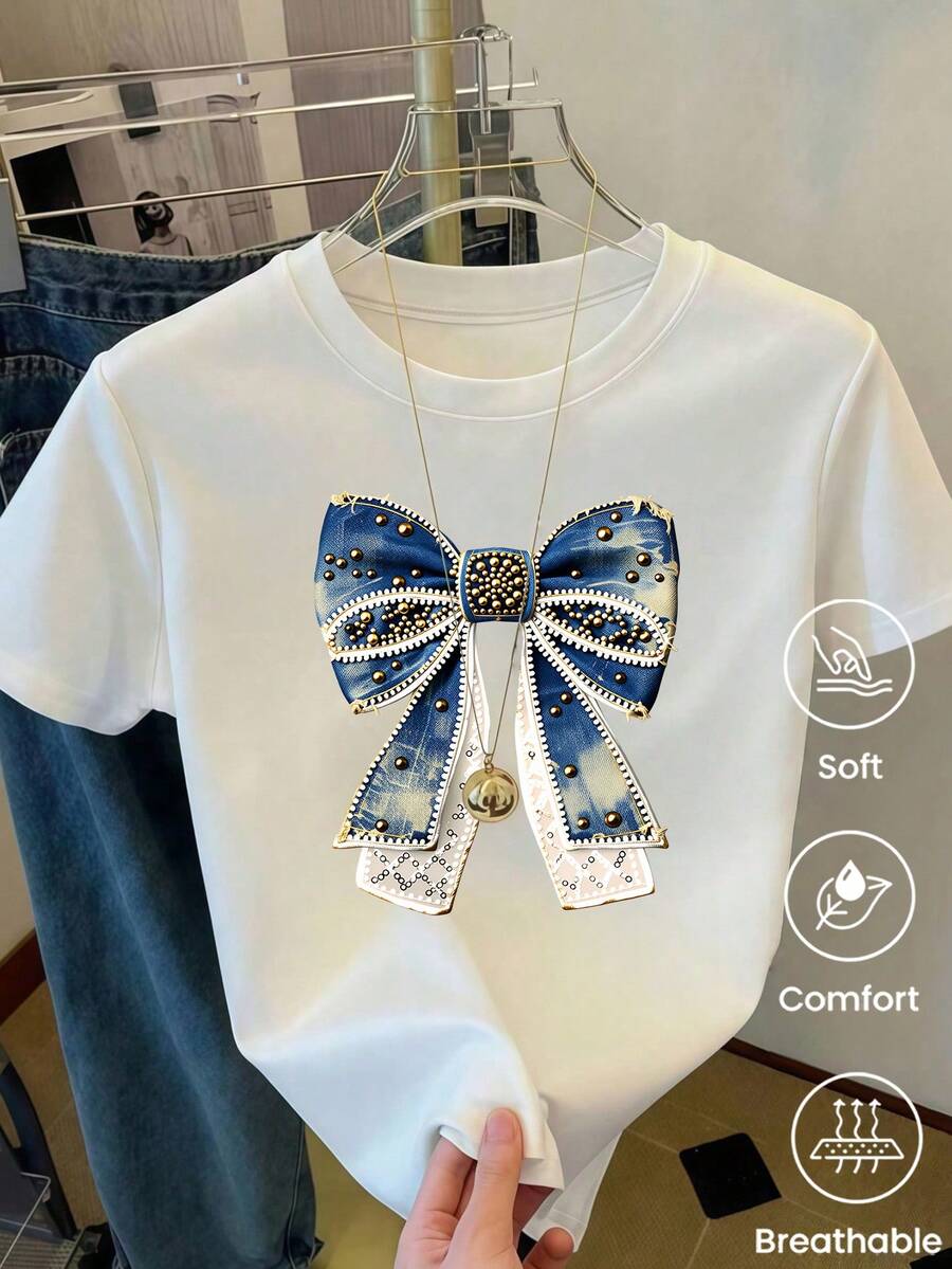180 g Hecho en México, Moda Primavera/Verano 2026 Camiseta de manga corta, Estampado de dibujos animados, Estilo para parejas, Ropa interior/exterior, Cuello redondo informal para la oficina, Top unisex de una pieza - Blanco - Ver 1