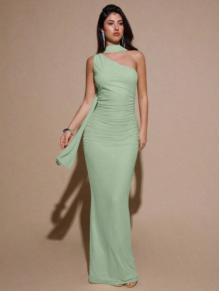 Vestido de malla ajustado con drapeado asimétrico, elegante y sexy vestido de gala para fiesta, boda, cumpleaños, Navidad, Halloween - Amarillo claro - verde menta - Ver 1