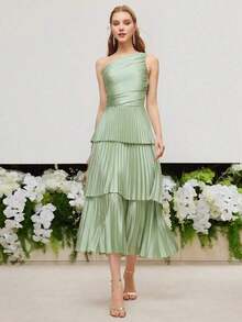 PREMIUM VESTIDO CON UN HOMBRO FRUNCIDO Y PLISADO - Verde - Ver 2