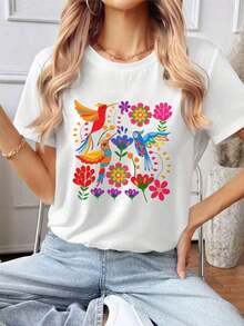 Camiseta de Mujer con Estampado Floral Retro de MEXICO - Cómoda y ligeramente elástica, perfecta para actividades al aire libre en verano. |   Ropa casual de calle |   Ropa de uso diario |   Estilo de cuello redondo, elegantes y lindas camisetas de moda para mujer, adecuadas para todas las estaciones, ropa casual de calle. |   crew neck t-shirt  Mujer camiseta estilo casual con estampado colorido, ajuste holgado, cuello redondo, manga corta, primavera-verano, ideal para ocasiones cotidianas, categoría de moda. - Blanco 2 - Ver 12