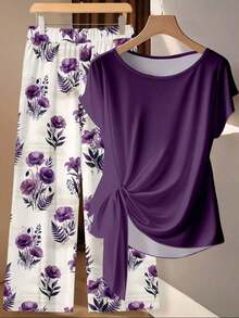 Clasi Conjunto de blusa con lazo y pantalones rectos holgados con estampado floral acuarela morado minimalista, elegante y retro para vacaciones, festival de música, ropa de playa, ropa de verano para mujer - Multicolor - Ver 2