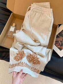 Frenchy Pantalones anchos casuales de mujer con estampado de rayas y cintura con cordón - Albaricoque - Ver 3