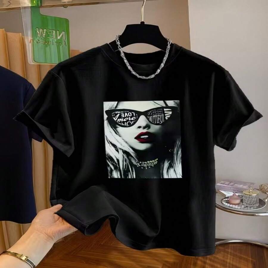 Casual Women's Black Cotton Regular Fit Round Neck Short Sleeve T-Shirt Everyday Wear Tee - Negro - Ver 1
